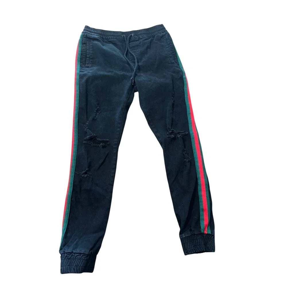 Saint Morta Black Red Green‎ Striped Distressed Denim Joggers Size Large